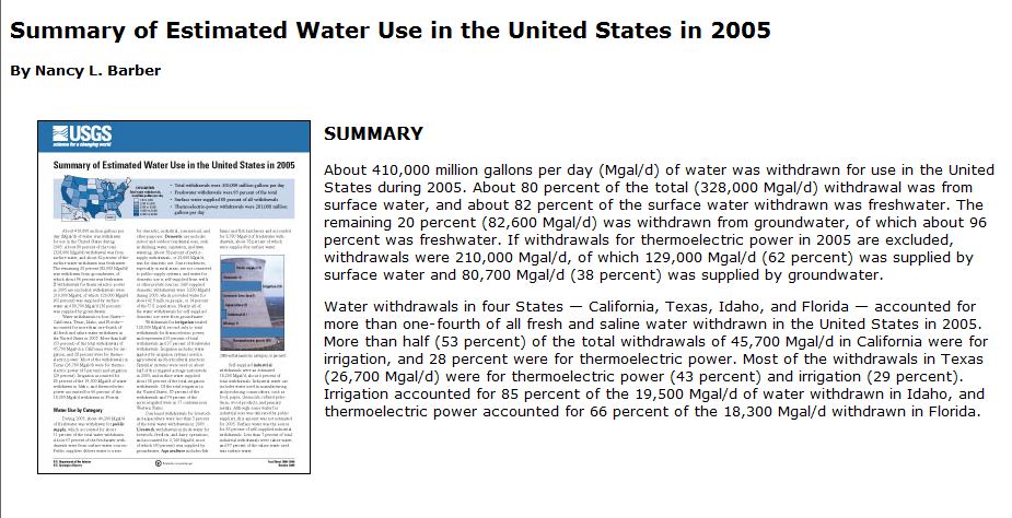 Summary of Estimated Water Use in the US 2005