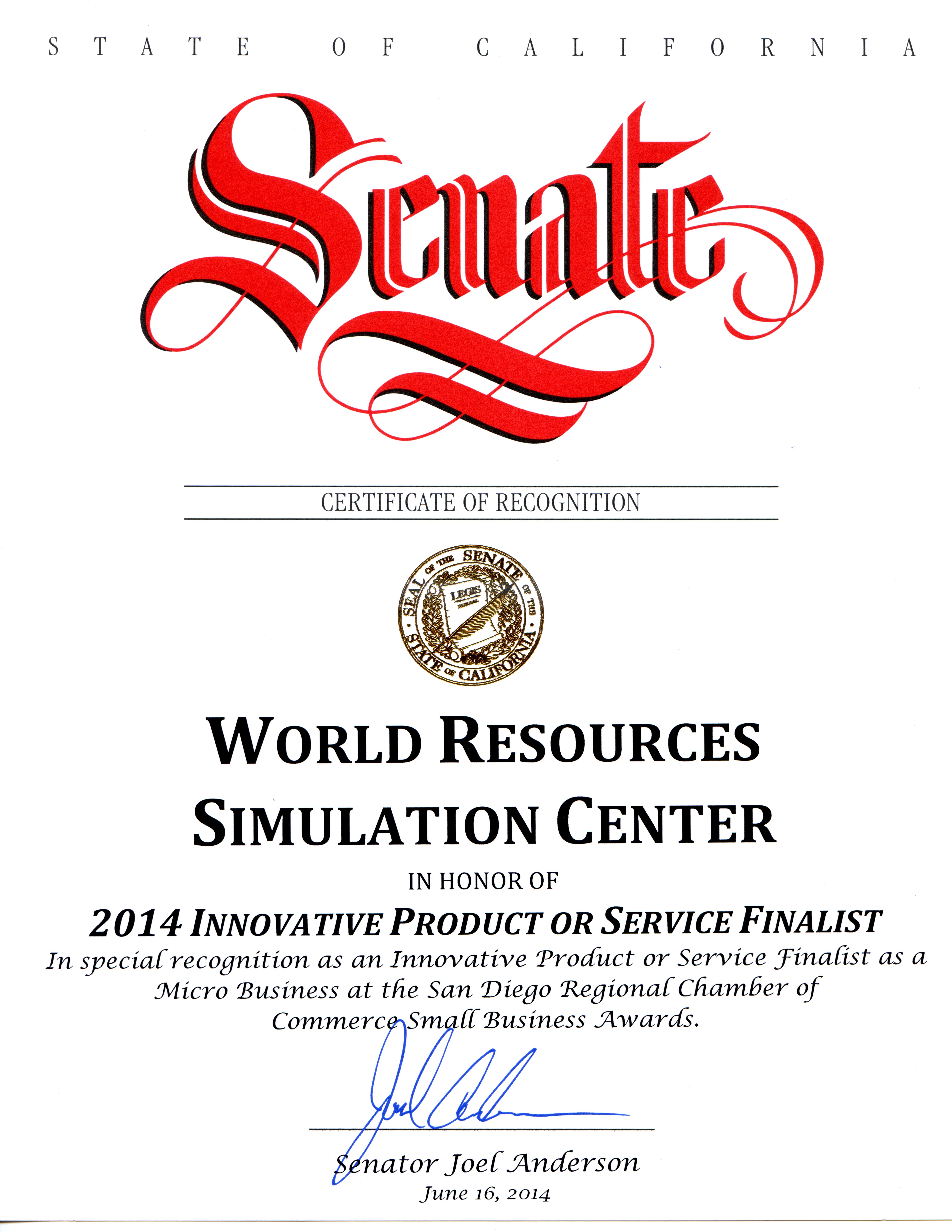 Certificate of Merit California State Senate most innovative product or service