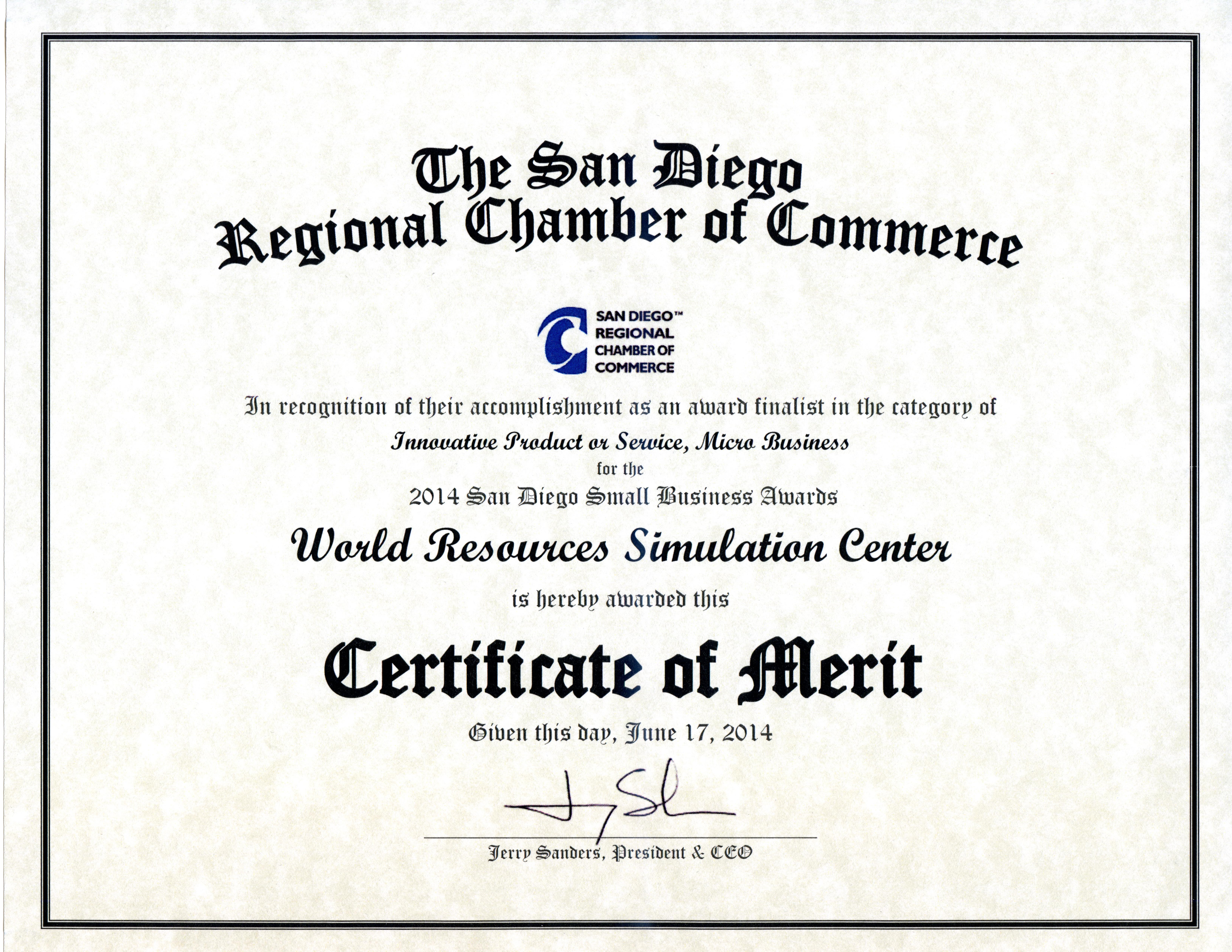 San Diego Regional Chamber of Commerce SimCenter Certificate of Merit Awards